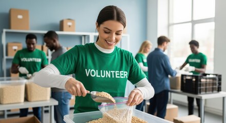 Happy volunteer packages wholesome grains for food bank distribution, highlighting community engagement and compassionate relief efforts