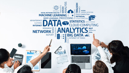 Engaging office scene showcasing a diverse team analyzing data analytics. Featuring charts, graphs, and technology elements, emphasizing collaboration and insights for business success. Amity