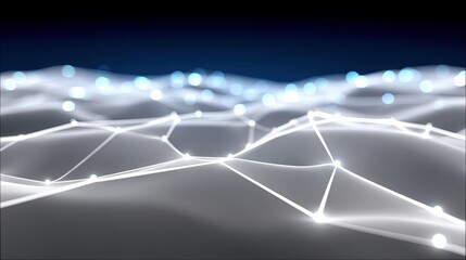An abstract digital visualization of a network grid with interconnected glowing nodes and soft bokeh lights, set against a dark blue gradient background. The im