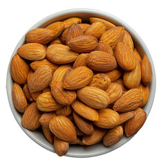 Bowl of whole almonds viewed from above on a white background. 