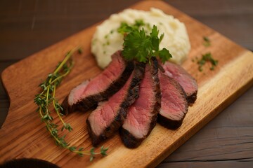 Sliced steak with mashed potatoes and herbs on a wooden board presentation is great