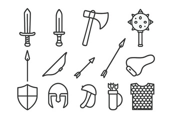 Obraz premium Weapon and Tool Icons. Line style icons of Weapons & Tools: Sword, Dagger, Axe, Mace; Spear, Bow, Arrow, Sling; Shield, Helmet,