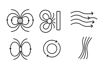 Magnetic Interaction Icons. Line style icons of Magnetic Field Interaction: dipole field lines, field distortion icon, moving