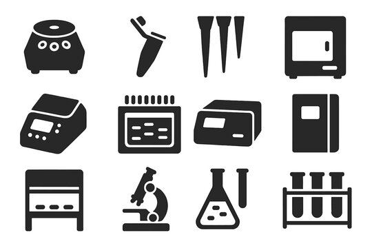 Biotech Lab Tools. Solid style icons of biotechnology tools: centrifuge, microcentrifuge tube, pipette tips, incubator, PCR