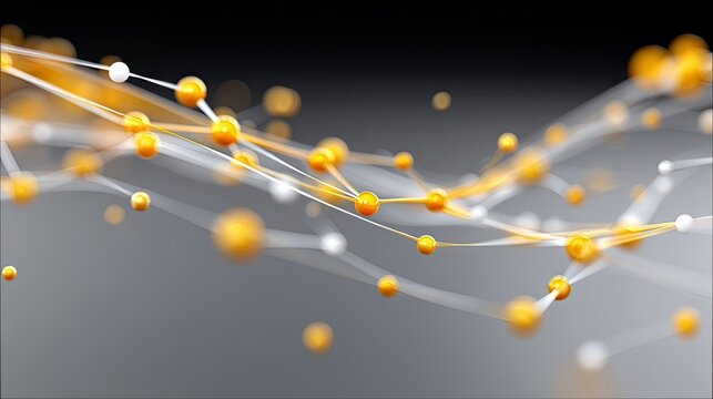 An abstract digital rendering of interconnected golden spheres and white lines forming a network structure against a dark gray to lighter gray gradient backgrou