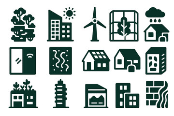 Futuristic Green Buildings. Solid style icons of futuristic green buildings: vertical forest, solar facade, wind-powered spire,
