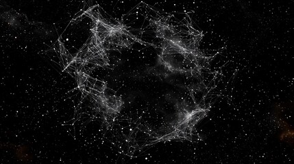 A complex, interconnected network of white lines and nodes floats in the darkness of deep space, surrounded by distant stars and wisps of nebula. The abstract s