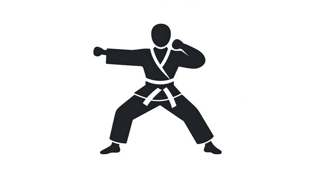 Silhouette of a person in a karate uniform doing a punch. One arm is extended forward, the other bent backward - Powered by Adobe
