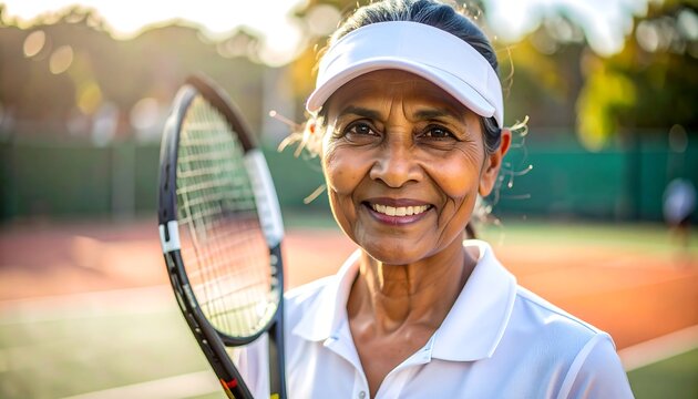 Smiling senior woman with visor holds tennis racket on the court in bright sunshine - Powered by Adobe