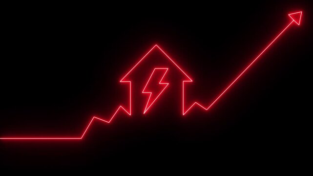 Home icon house sign neon lights animation with up arrow battery charging power icon. Neon House, home building animation. Neon home business graph icon animation, Lightning bolt sign charger - Powered by Adobe