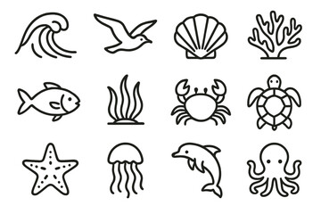 Ocean Elements Icons. Line style icons of ocean elements: cresting wave, seagull, shell, coral; fish, seaweed, crab, turtle;