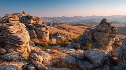 Obraz premium Sunlit rock formations in the Macin Mountains, an ancient terrain within Dobrogea, Romania