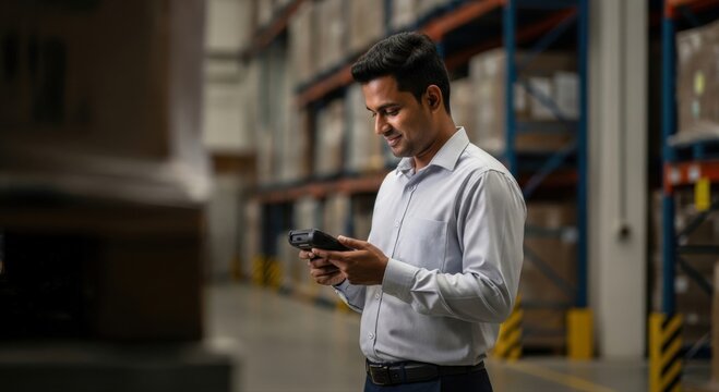 Smiling Indian professional streamlines operations, digitally tracking essential inventory with a modern scanner in a well-organized logistics hub