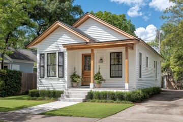 Fototapeta premium Sunny exterior of a minimalist cottage-style home with clean lines and natural materials