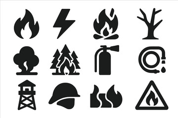 Wildfire Icons Collection. Solid style icons of Wildfires: fire flame, lightning strike, campfire, dry tree, smoke, forest, fire