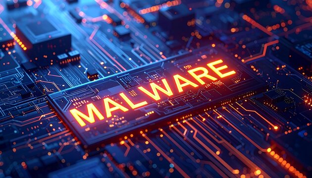 A glowing "MALWARE" text on a computer chip amid intricate circuits with orange highlights