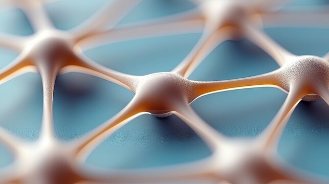 Close-up abstract view of a neural network structure with interconnected nodes and glowing pathways against a soft blue background. The lighting creates a subtl - Powered by Adobe