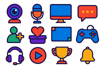 Fototapeta premium Game Streaming Icons. Flat vector icons of game streaming: webcam, microphone, monitor, chat bubble, subscriber icon, donation