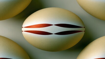 A close-up, top-down view of several abstract, oval-shaped objects with a textured surface. The central object is in focus and features two horizontal red strip