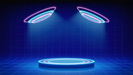 Futuristic blue stage, spotlights, podium. Mesh floor with round podium illuminated by circular magenta blue neon, led. Background for displaying products, presentation. Backdrop. Showcase. Vector