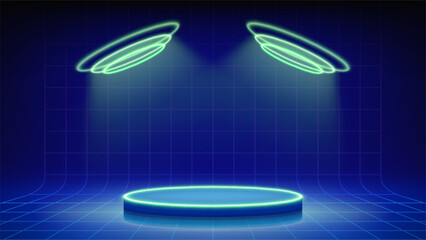 Futuristic blue stage, spotlights, podium. Mesh floor with round podium illuminated by circular green neon, led. Background for displaying products, presentation. Backdrop. Showcase. Vector