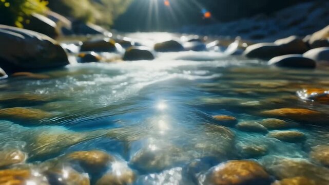 Sunlight Glinting on a Shallow Mountain Stream Flowing Over Smooth Rocks photo (133