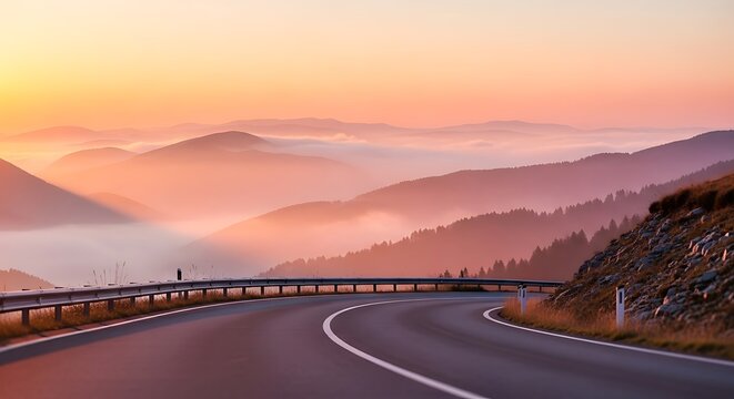 A scenic mountain road winds through foggy valleys during a beautiful, colorful sunrise. - Powered by Adobe