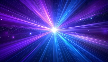 Abstract colorful rays converging at center, glowing bright, against a dark background with scattered light points