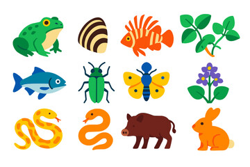 Naklejka premium Invasive Species Icons. Flat vector icons of invasive species: cane toad, zebra mussel, lionfish, kudzu vine, Asian carp, emerald