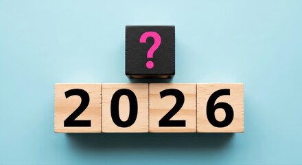 Year 2026 blocks topped with a vibrant pink question mark symbolize future uncertainty, important planning, and strategic challenge on a bright blue background