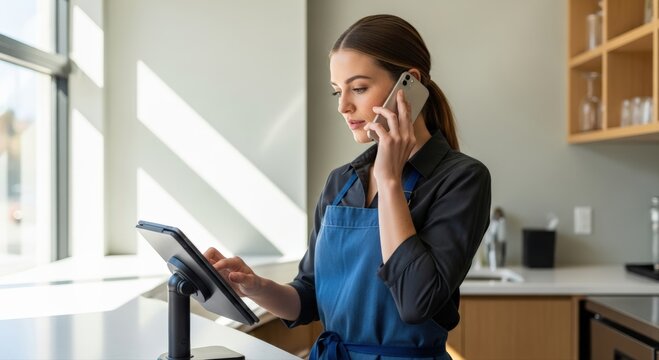 Young professional woman efficiently manages daily tasks, communicating by smartphone while engaging with a modern tablet in a bright cafe
