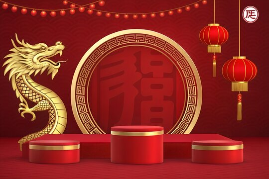 Festive chinese new year display with dragon lanterns and podiums on red background