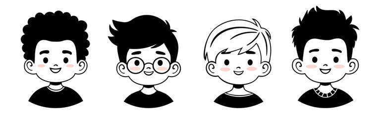 Set of cute monochrome boy avatars. Perfect for apps, profiles, social media, education projects, branding and any design needing friendly, modern character icons.