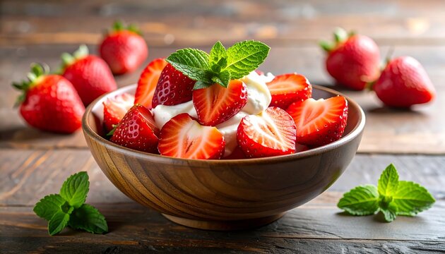 Close-up of sliced strawberries with cream and mint leaves in a wooden bowl