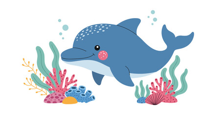 Obraz premium Charming cartoon illustration of a smiling dolphin swimming amongst colorful coral and seaweed in a vibrant underwater scene, perfect for children's designs.