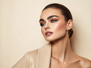 High-fashion beauty editorial  model with defined yet natural brows, standing against a cream background