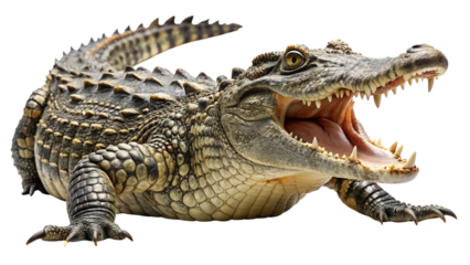 Large alligator with powerful open jaws and sharp teeth