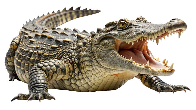 Large alligator with powerful open jaws and sharp teeth