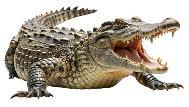 Large alligator with powerful open jaws and sharp teeth