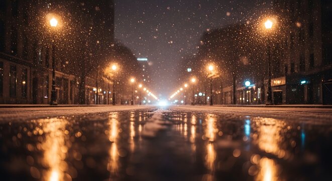 A deserted city street at night with glowing streetlights reflecting on the wet pavement during a rain shower.