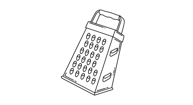 A detailed line drawing depicts a box grater with a handle, showcasing its multiple grating surfaces for culinary preparation and kitchen use.