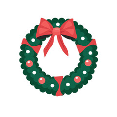 Festive Christmas Wreath with Red Bow and Berries. Winter Wreath Hanging Ornament. Decorative Christmas Wreath Bauble.