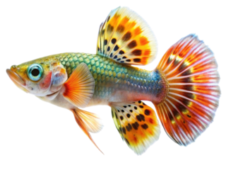 Brightly colored male guppy fish with flowing fins, side view