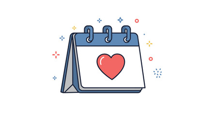 A charming calendar illustration displays a red heart on its page, symbolizing love, dates, and special occasions with a festive sparkle effect.