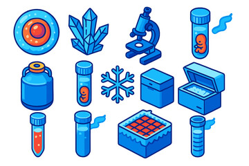 Cryobiology Essentials. Isometric vector illustration set Cryobiology: encapsulated frozen cell, crystalline ice formation, lab