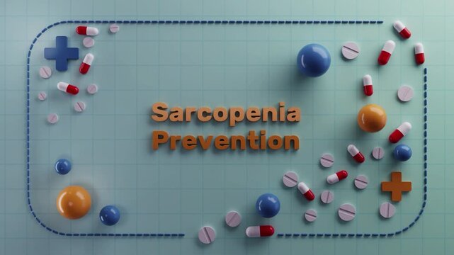 health supplement visuals, medical infographic with pills, elderly muscle health education campaign, informative medical layout promoting sarcopenia prevention through capsules and active lifestyles
