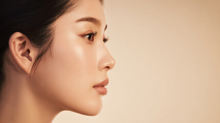 Naklejka premium Glowing skin close up of young woman with natural makeup and smooth complexion looking sideways with calm expression