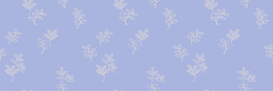 Seamless vector pattern with delicate white leaf branches on a soft lavender background. Minimalist botanical design ideal for fabrics, packaging, wallpapers, and stationery