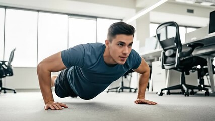 A focused man push up on office floor fitnes exercise strength wellnes corporate motivation routine training healthy workout concentration energetic modern office natural light workplace break time