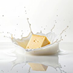 High-Speed Photo of Cheese Falling into Milk &ndash; Dramatic Dairy Splash on Pure White Background